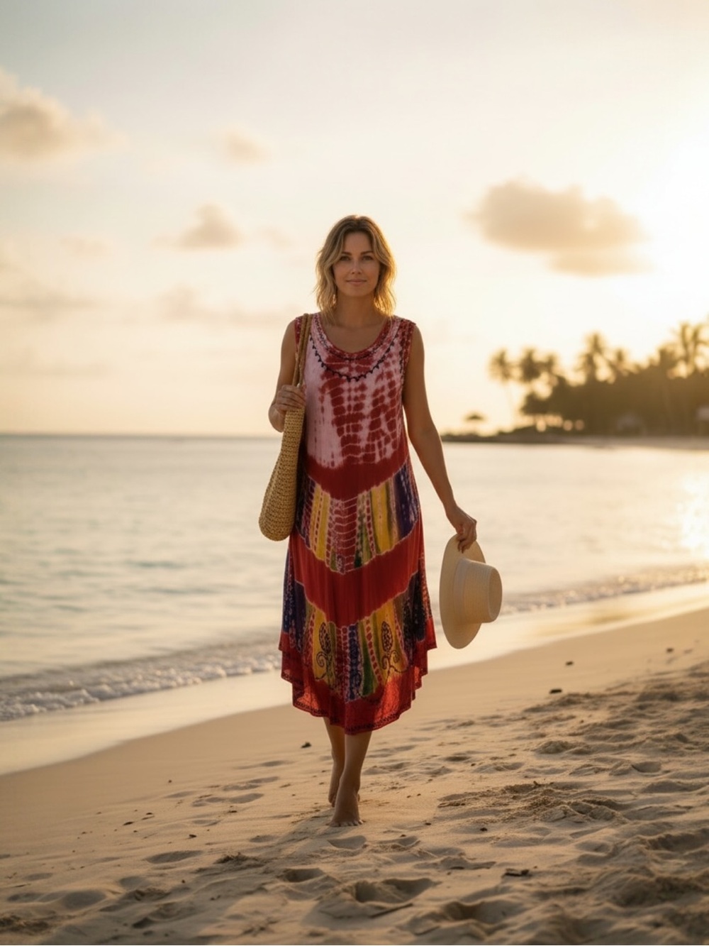 Shoreline tie-dye embroidery sleeveless Aline sundress coverup one size fit most